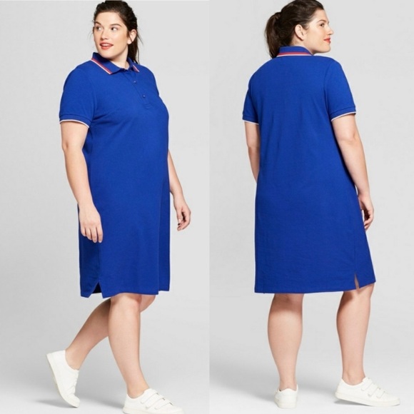 Ava & Viv Plus 1X Blue Polo Collared T-Shirt Short Sleeve Dress - Picture 1 of 5